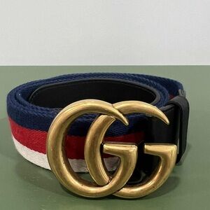 Gucci Gold GG Canvas Webbing Belt w/ Black Leather Sz 100/40